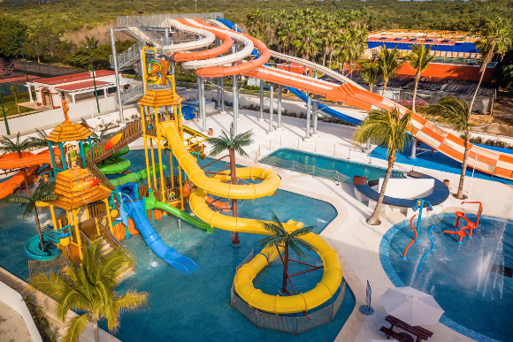 A colorful ariel view of Rockaway Bay water park at Hard Rock Hotel Riviera Maya.