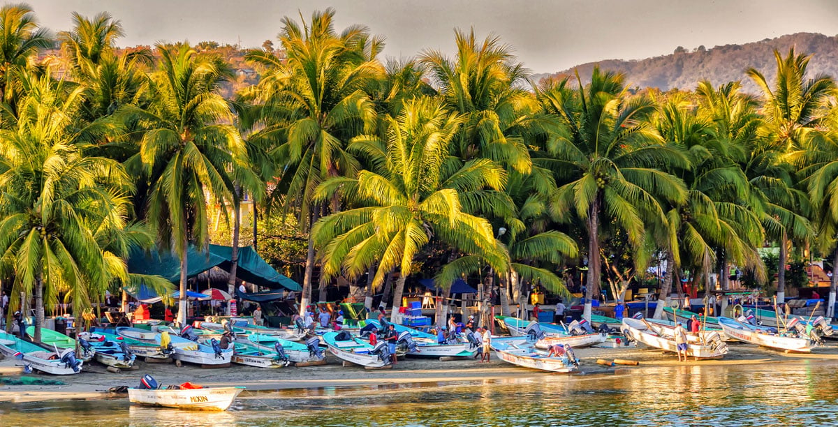 Boats along beach shore in Ixtapa Zihuatanejo